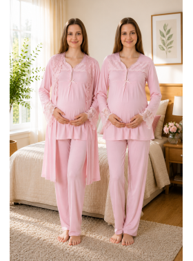 Effortt 4084 Pudra Dantelli Sabahlıklı Lohusa Pijama Takımı